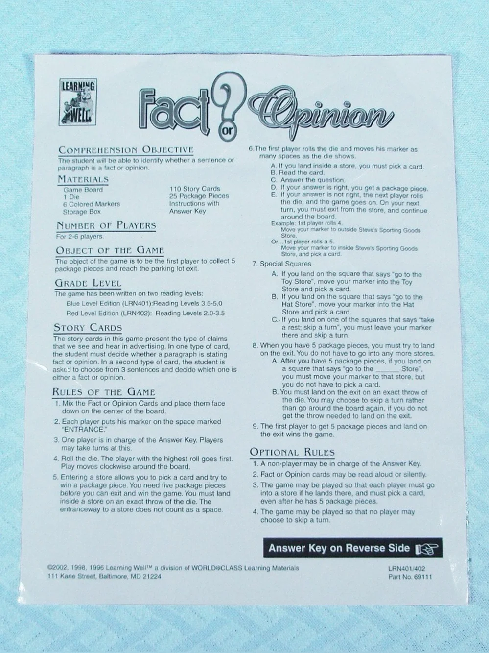 Learning Well Fact or Opinion Red Level ♟️